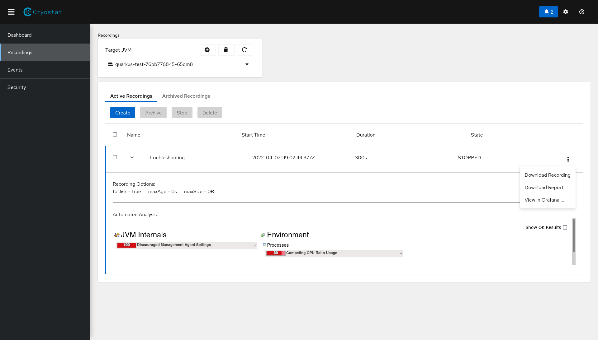 Automated Analysis Report in the Cryostat web-client UI